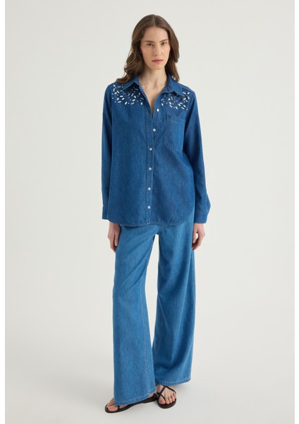 Taş Süslemeli Denim Gömlek