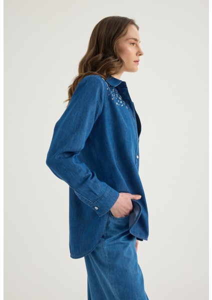 Taş Süslemeli Denim Gömlek