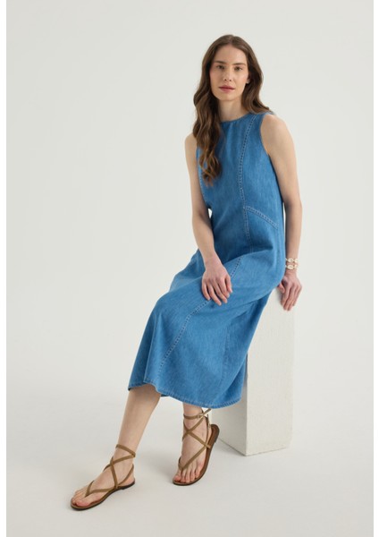 Kolsuz Denim Midi Elbise