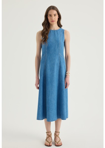 Kolsuz Denim Midi Elbise