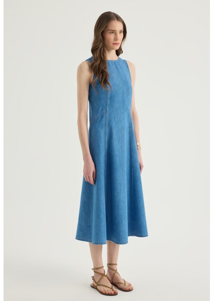 Kolsuz Denim Midi Elbise