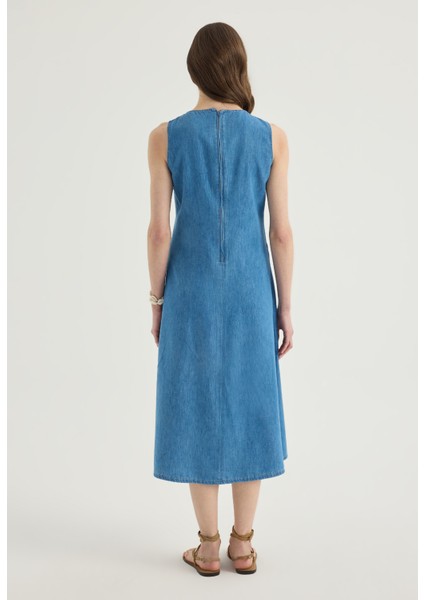 Kolsuz Denim Midi Elbise