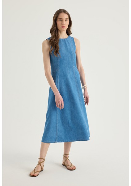 Kolsuz Denim Midi Elbise