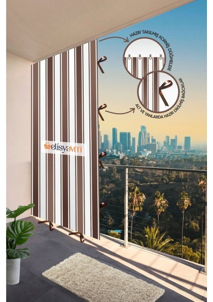 Her Ölçüde Enxboy Seçenekli Bağcıklı Çizgili Balkon Perdesi Balkon Brandası
