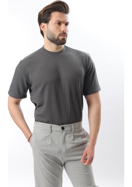 Füme Dokulu Çizgi Tasarım Bisiklet Yaka Erkek T-Shirt E7122