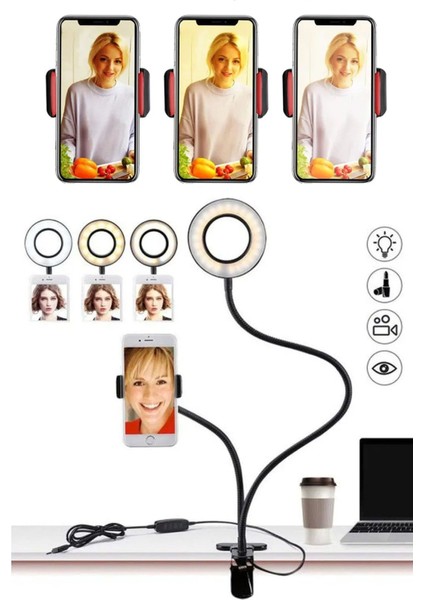 LED Işık ve Telefon Tutuculu Hareket Ettirilebilir Masaya, Tezgaha Sabitlenebilir Yuvarlak LED