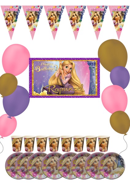 Rapunzel Bayraklı ve Afişli 32 Kişilik Doğum Günü Parti Malzemeleri Süsleri Seti
