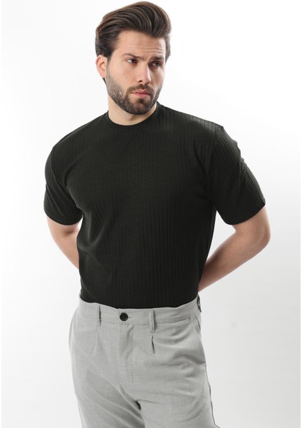 Siyah Dokulu Çizgi Tasarım Bisiklet Yaka Erkek T-Shirt E7122 fiyatları