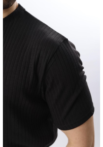 Siyah Dokulu Çizgi Tasarım Bisiklet Yaka Erkek T-Shirt E7122 modelleri