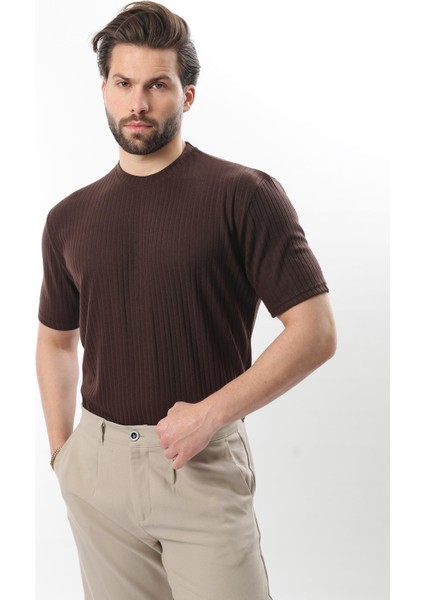 Kahverengi Dokulu Çizgi Tasarım Bisiklet Yaka Erkek T-Shirt E7122