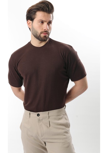 Kahverengi Dokulu Çizgi Tasarım Bisiklet Yaka Erkek T-Shirt E7122 fiyatları