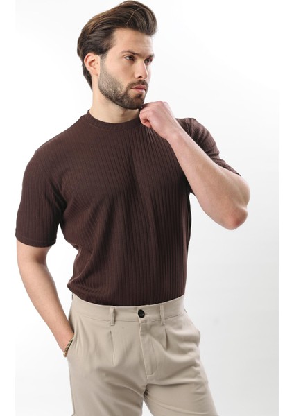 Kahverengi Dokulu Çizgi Tasarım Bisiklet Yaka Erkek T-Shirt E7122 modelleri