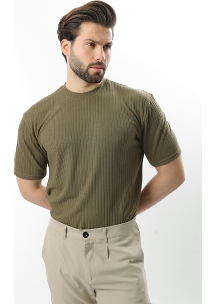 Haki Dokulu Çizgi Tasarım Bisiklet Yaka Erkek T-Shirt E7122 fiyatları