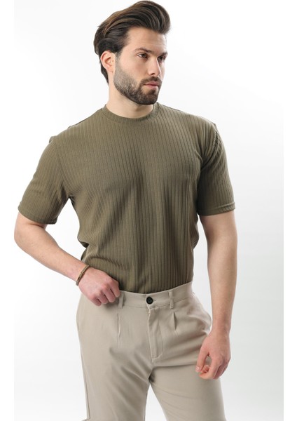 Haki Dokulu Çizgi Tasarım Bisiklet Yaka Erkek T-Shirt E7122 modelleri