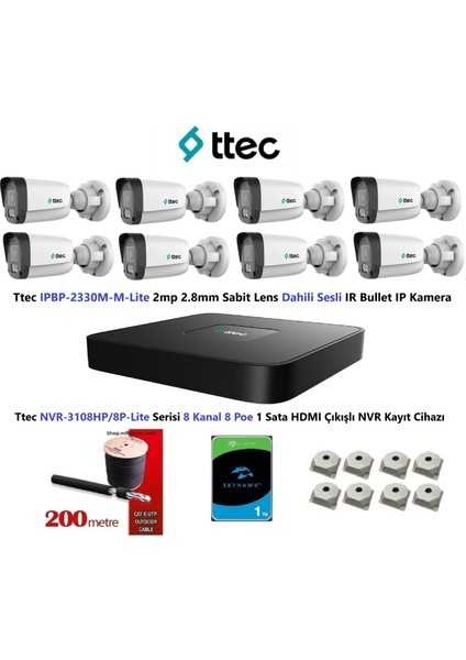 Nif Bilişiim Ttec 2mp Mikrofonlu 8 Kameralı 1tb Disk Tak Çalıştır Hazır Ip Kamera Seti