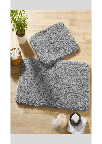 Gri Shaggy Kıvırcık Halı Kaymaz Tabanlı 2'li Set Banyo Halısı Paspas Seti 60 x 100 cm