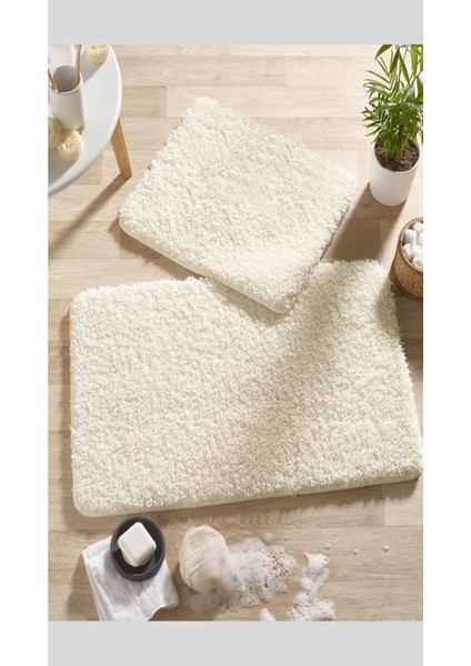 Home –%100 Doğal Kaymaz Taban Yıkanabilir Krem Shaggy 2’li Banyo Halısı,Paspas
