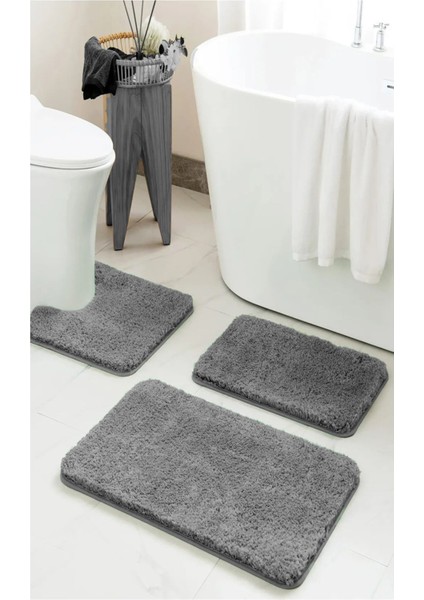 Home %100 Doğal Kaymaz Taban Yıkanabilir Gri Shaggy 3’lü Banyo Halısı, Paspas