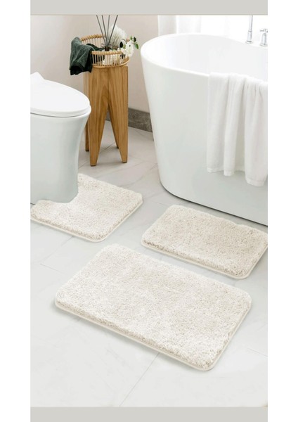 Home %100 Doğal Kaymaz Taban Yıkanabilir Krem Shaggy 3’lü Banyo Halısı, Paspas