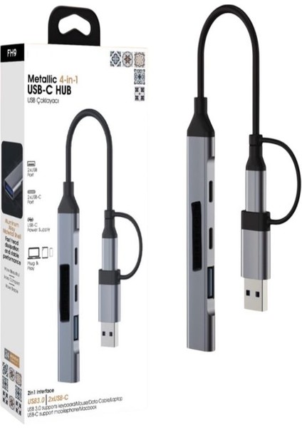 Usb-C Hub 4in1 Dönüştürücü - 2 Usb, 2 Type-C Port, Metalik Usb-C Çoklayıcı Plus&play
