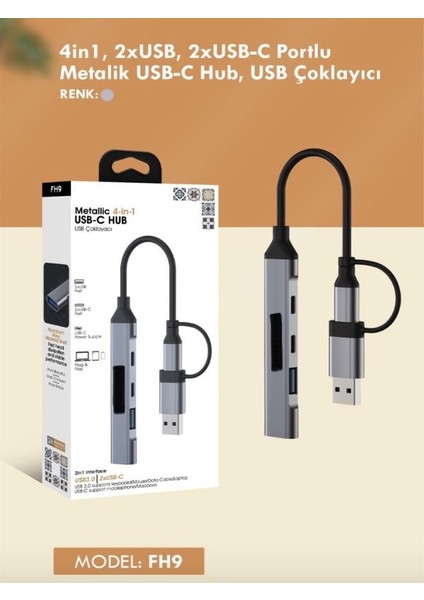 Usb-C Hub 4in1 Dönüştürücü - 2 Usb, 2 Type-C Port, Metalik Usb-C Çoklayıcı Plus&play