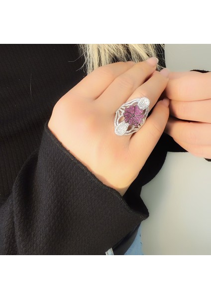Kelebek Pembe Safir Zircone Taşlı Gümüş Yüzük