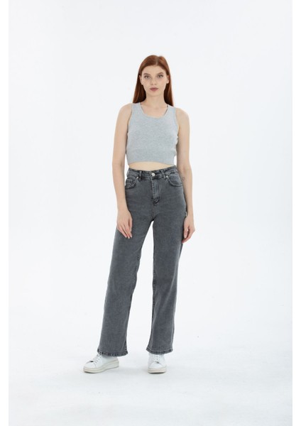 Kar Yıkama Koyu Gri Likralı Süper Yüksek Bel Wide Leg Salaş Jeans Palazzo Kot Pantolon