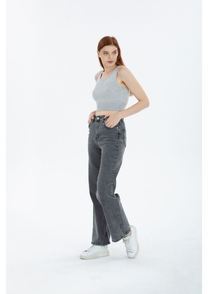 Kar Yıkama Koyu Gri Likralı Süper Yüksek Bel Wide Leg Salaş Jeans Palazzo Kot Pantolon
