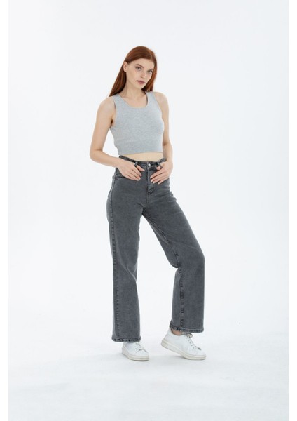 Kar Yıkama Koyu Gri Likralı Süper Yüksek Bel Wide Leg Salaş Jeans Palazzo Kot Pantolon