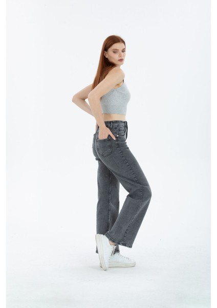 Kar Yıkama Koyu Gri Likralı Süper Yüksek Bel Wide Leg Salaş Jeans Palazzo Kot Pantolon