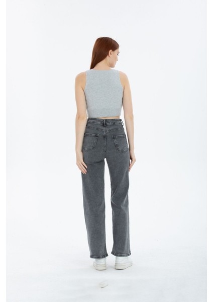 Kar Yıkama Koyu Gri Likralı Süper Yüksek Bel Wide Leg Salaş Jeans Palazzo Kot Pantolon