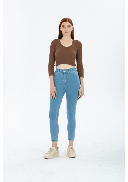 Snow Açık Kar Mavi Yüksek Bel Toparlayıcı Dar Paça Skinny Power Likralı Kot Pantalon