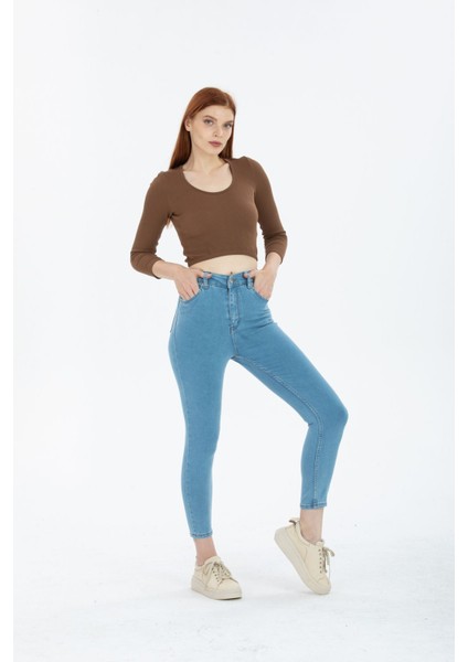 Snow Açık Kar Mavi Yüksek Bel Toparlayıcı Dar Paça Skinny Power Likralı Kot Pantalon modelleri