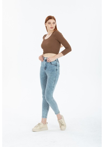Snow Açık Kar Mavi Yüksek Bel Toparlayıcı Dar Paça Skinny Power Likralı Kot Pantalon