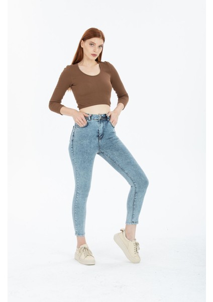 Snow Açık Kar Mavi Yüksek Bel Toparlayıcı Dar Paça Skinny Power Likralı Kot Pantalon