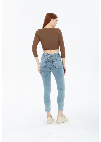 Snow Açık Kar Mavi Yüksek Bel Toparlayıcı Dar Paça Skinny Power Likralı Kot Pantalon