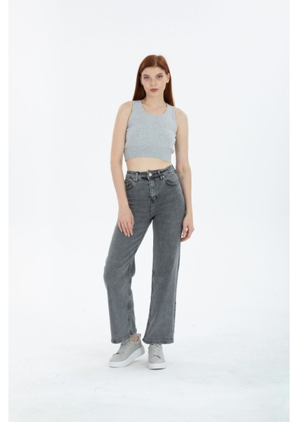 Kar Yıkama Kar Gri Likralı Süper Yüksek Bel Wide Leg Salaş Jeans Palazzo Pantolon