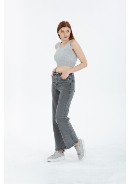 Kar Yıkama Kar Gri Likralı Süper Yüksek Bel Wide Leg Salaş Jeans Palazzo Pantolon