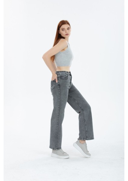 Kar Yıkama Kar Gri Likralı Süper Yüksek Bel Wide Leg Salaş Jeans Palazzo Pantolon