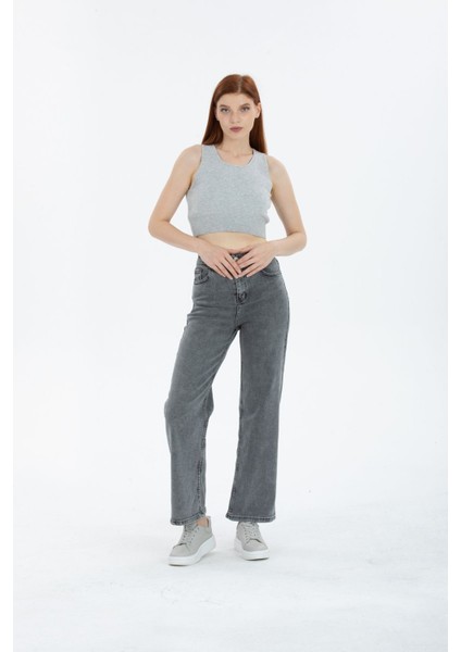 Kar Yıkama Kar Gri Likralı Süper Yüksek Bel Wide Leg Salaş Jeans Palazzo Pantolon