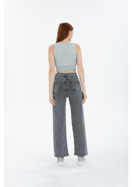 Kar Yıkama Kar Gri Likralı Süper Yüksek Bel Wide Leg Salaş Jeans Palazzo Pantolon