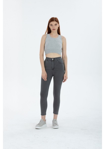 Açık Gri Yüksek Bel Toparlayıcı Dar Paça Skinny Power Likralı Kot Pantalon