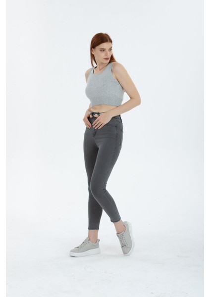 Açık Gri Yüksek Bel Toparlayıcı Dar Paça Skinny Power Likralı Kot Pantalon
