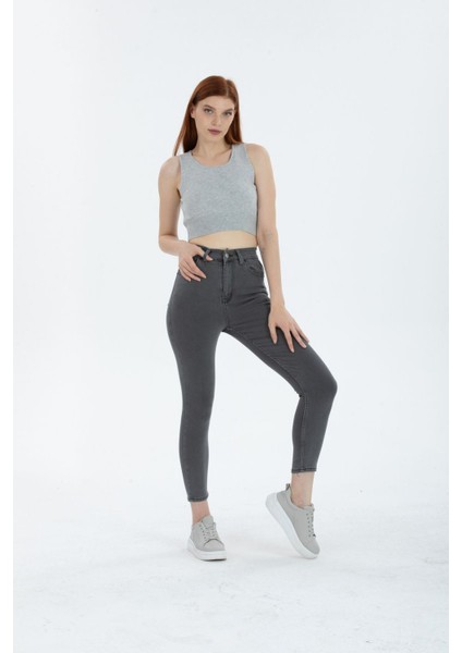 Açık Gri Yüksek Bel Toparlayıcı Dar Paça Skinny Power Likralı Kot Pantalon