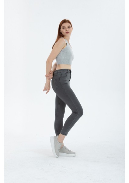 Açık Gri Yüksek Bel Toparlayıcı Dar Paça Skinny Power Likralı Kot Pantalon
