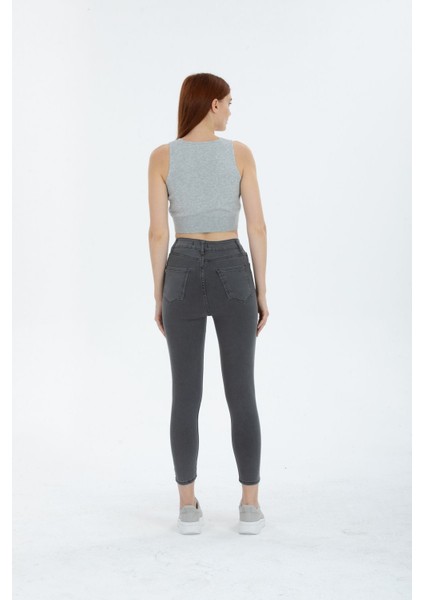 Açık Gri Yüksek Bel Toparlayıcı Dar Paça Skinny Power Likralı Kot Pantalon