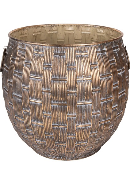 Metal Saksı Kulplu Kabartma Desenli Kahverengi Eskitme 45 x 43,5 cm .