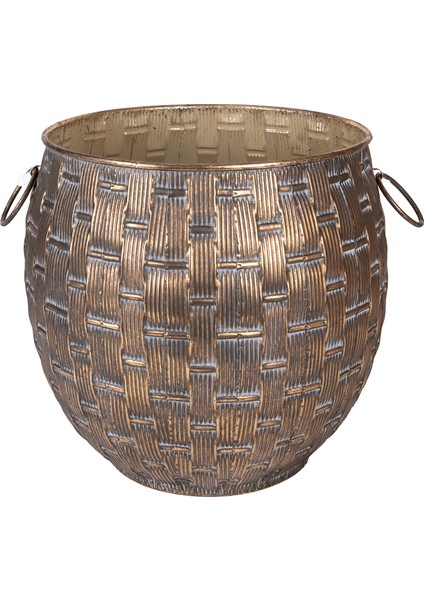 Metal Saksı Kulplu Kabartma Desenli Kahverengi Eskitme 45 x 43,5 cm .