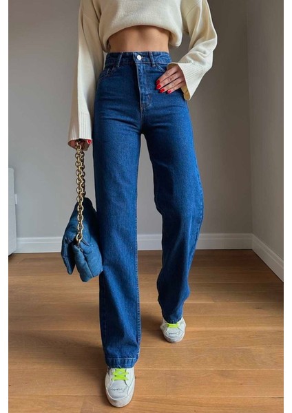 90's Koyu Mavi Süper Extra Yüksek Bel Palazzo Salaş Jean Pantolon