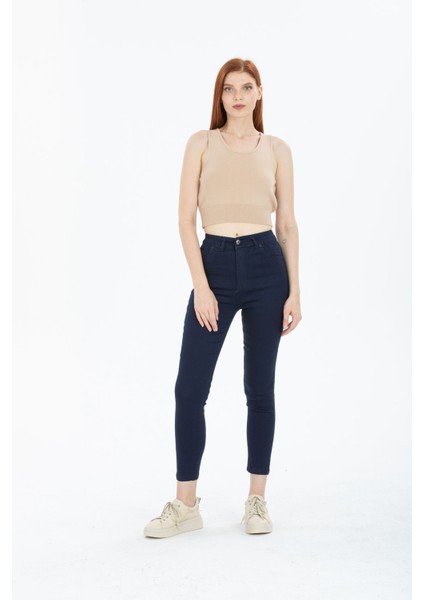Koyu Mavi Yüksek Bel Toparlayıcı Dar Paça Skinny Power Likralı Kot Pantalon
